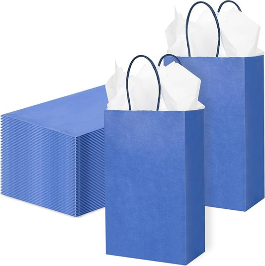 DjinnGlory 100 Pack Small Navy Paper Gift Bags with Handles (Nautic Blue) 9x5.5x3.15 Inch for Boutiques, Weddings, Graduations, Men's Birthdays, Kid's Party Favors