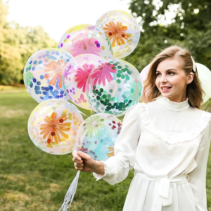 50 Pieces Flower Print Confetti Balloons 12 Inch Colorful Clear Floral Latex Balloon with Balloon Holder Sticks Spring Summer Tropical Picnic Wedding Birthday Graduation Bridal Shower Party Supplies