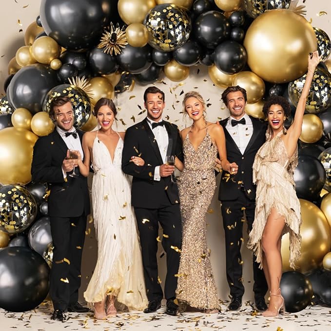 Black and Gold Balloon Arch Kit, 144pcs Black and Gold Balloons Metallic Gold Confetti Balloons Different Sizes 18/12/10/5in for Birthday Wedding New years Graduation Masquerade Party Decorations