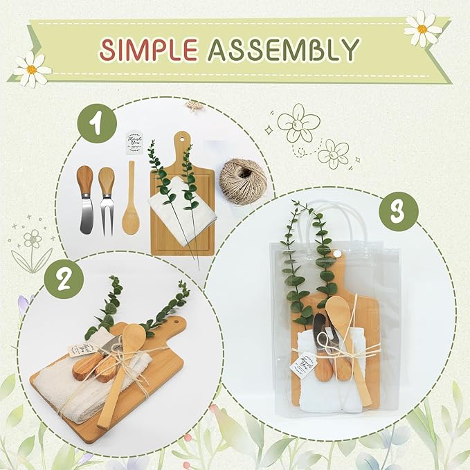 AZEAM 55Pcs Baby Shower Prizes for Game Winners, Bridal Shower Prizes with 6 Sets Square Cheese Board Spoon Fork Butter Knife Towel Card Plastic Bag Branch, Wedding Shower Favors for Guests