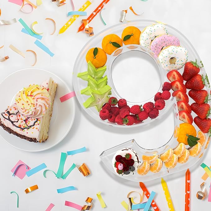11" Acrylic Number Charcuterie Board Box, Reusable Fillable Number Cake Candy Dish Display Serving Tray for Birthday Anniversary Party Decoration (9)