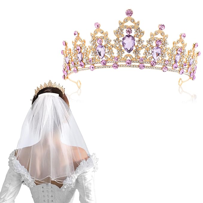 Gold Tiara and Wedding Veil Set - Purple Crown Headband for Bride - Princess Tiara for Women's Wedding, Birthday Party, Anniversary, Bachelorette