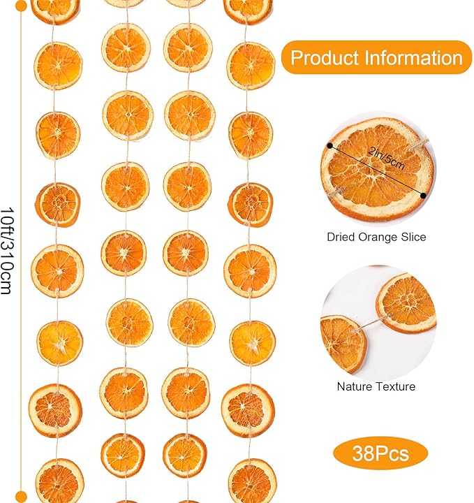 Christmas Decorations, 10ft Dried Orange Slice Christmas Garland, Rustic Orange Garland for Mantle Front Door Fireplace Home Wall Doorway Window Christmas Tree Porch Farmhouse Indoor Decor, 3 Pack