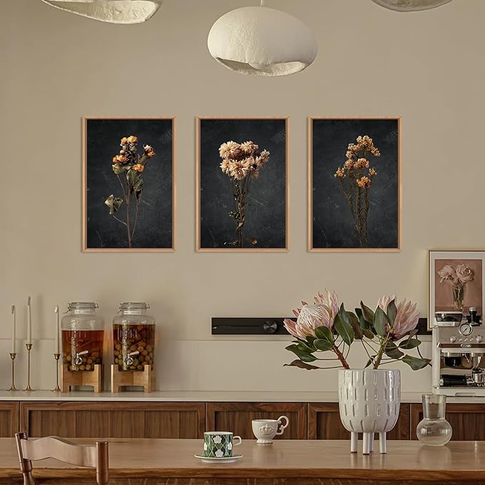HOURIA Moody Boho Floral Framed Canvas Wall Art Set,Vintage Black Flower Wall Decor,Mid Century Minimalist Wildflower Artwork,Nature Retro Botanical Art Print for Living Room,Bedroom,Office- 16"x24"x3