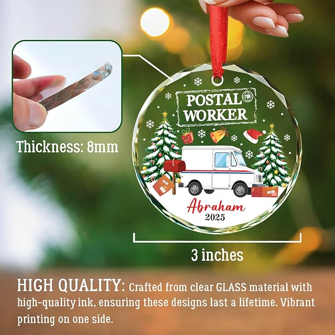 Postal Worker Glass Ornaments, Mail Carrier Christmas Tree Ornament Custom Name, Xmas Holiday Keepsake Gifts for Mailman Postman, Personalized Merry Christmas Postal Worker Ornament Gifts Ideas