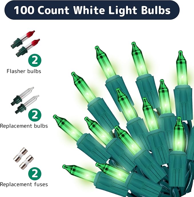 PREXTEX 100 Count Green Christmas Lights - 20 ft Warm Twinkle String Lights with Green Wire for Indoor and Outdoor Holiday Decor, Christmas Trees, Patios and More