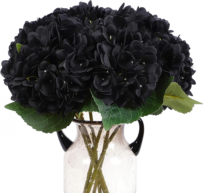 Kimura's Cabin 6Pcs Black Artificial Hydrangea Flowers Fake Hydrangeas Flowers Long Stems Faux silk Flower for Halloween table center decoration farmhouse wedding party dark bouquet arrangement(Black)