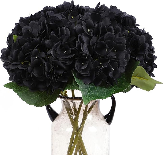 Kimura's Cabin 6Pcs Black Artificial Hydrangea Flowers Fake Hydrangeas Flowers Long Stems Faux silk Flower for Halloween table center decoration farmhouse wedding party dark bouquet arrangement(Black)