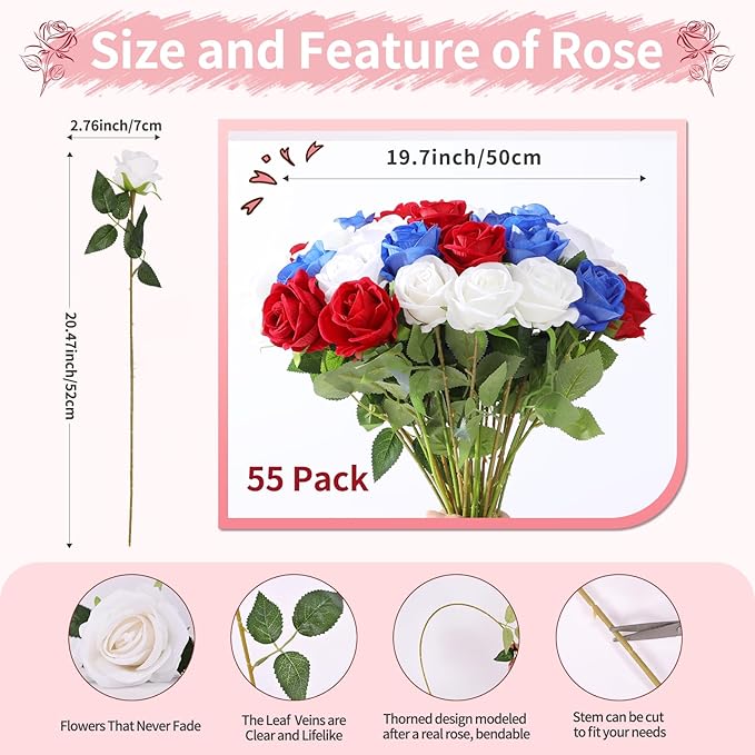 52 PCS Mixed Artificial Roses Bulk, Fake Artificial Flowers Bridal Bouquet Silk Faux Rose with Stems for Wedding Flowers Decoration, Valentine's Day, Bridal Bouquet, Anniversary, Home Decor (52PCS)