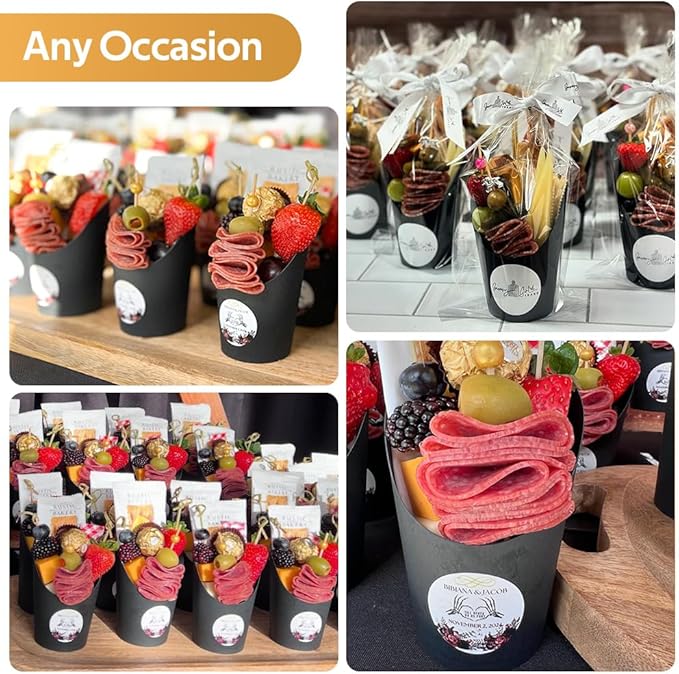 100 Sets 12 oz Black Charcuterie Cups with Sticks, 300 Picks + 100 Bags + 100 Labels, Individual Charcuterie Cups, Paper Snack Cups Disposable French Fry Cups for Parties, Catering