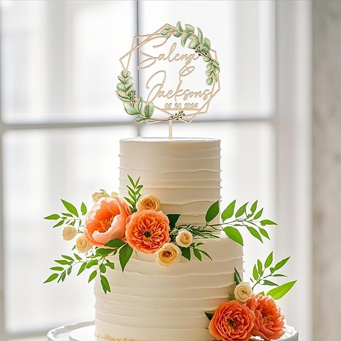 Wooden Wedding Cake Topper Personalized Names Date Geometric Eucalyptus Leaves Cake Decoration for Engagement Anniversary