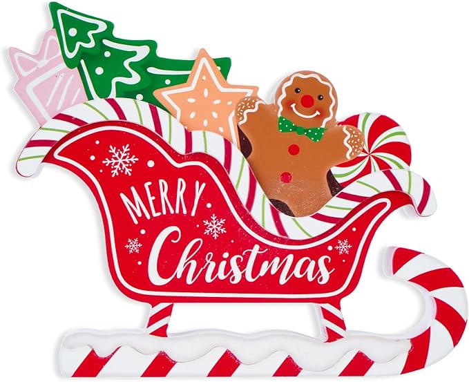 Christmas Decorations for Home Farmhouse Gingerbread Sleigh Decor Indoor Wooden Merry Christmas Sign Rustic Winter Vintage Holiday Block Tabletop for Kitchen Xmas Party Mantel Tiered Tray Gift
