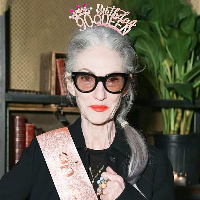 VELSCRUN 90th Birthday Queen Headband, Tiara Crown for Women, 90th Birthday Decorations for Her, Birth Queen Tiaras Crowns Sash for Women Mom Birth Party Decoration Hair Accessories Rose Gold