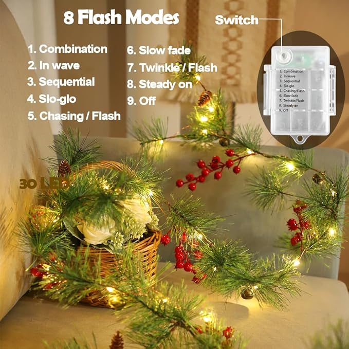 Christmas Garland Lights 6.56 FT Smokey Pine Garland with 30 LED Fairy Lights Battery Operated Garland Lights with Red Berries Bells Pine Cones Christmas Indoor Home Decorations