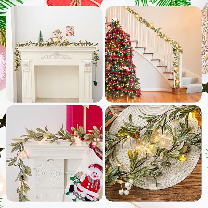 9FT Olive Greenery Garland, Pre-lit Christmas Garland Battery Operated with Timer, Faux Artificial Snowy Pine Garland for Mantle Holiday Winter Party Table Decor