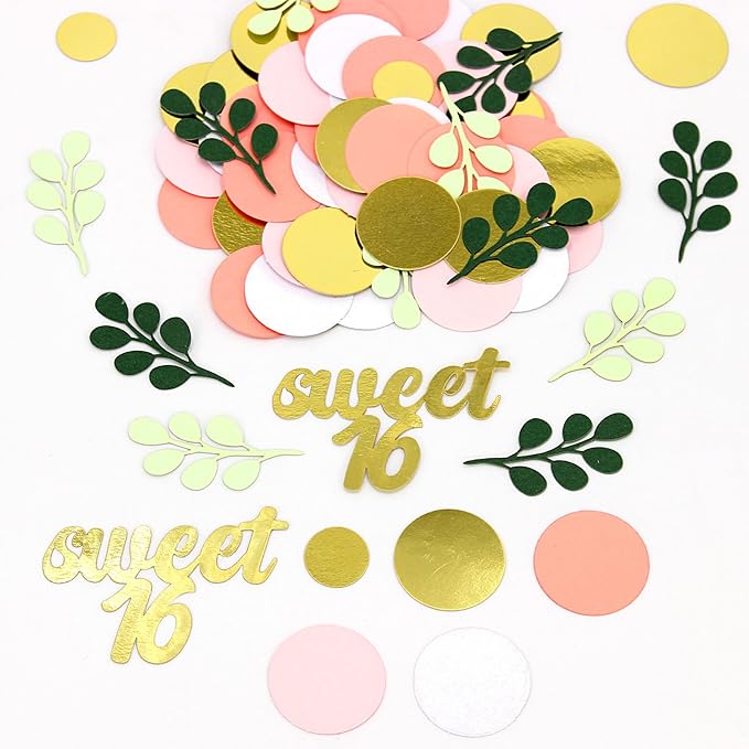 300PC Pink and Sage Green Sweet 16 Party Decorations for Girls 16th Birthday Confetti Sweet 16 Table Decorations Dots Eucalyptus Scatters for Sixteen Birthday Party Decor Supplies