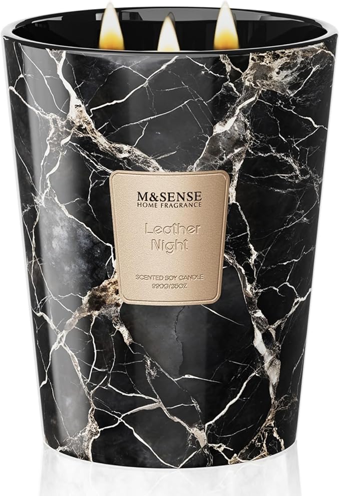 M&SENSE Extra Large Candle 35oz 150H LeatherNight Scented, 3 Wick Highly Scented Jar Candles, XL Large Christmas Gift Candle for Women, Long Lasting Burning for Holiday, Thanksgiving, Christmas