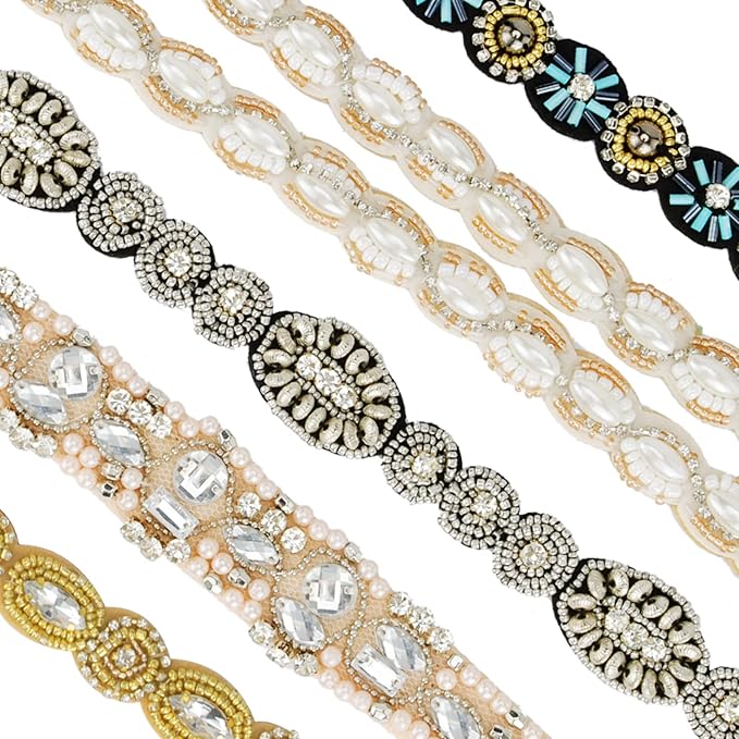 AMCAMI 5 Pcs Beaded Headband, Crystal Sparkly Hairbands for Women, Elastic Headbands with Pearls & Rhinestones, Hair Accessories for Women & Girls