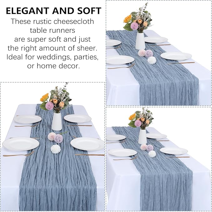 12 Pack Dusty Blue Cheesecloth Table Runner 10FT Boho Gauze Fabric Table Runner 35 x 120 Inch Rustic Sheer Runner for Centerpiece Wedding Decor Party Boho Table Decoration（Dusty Blue）