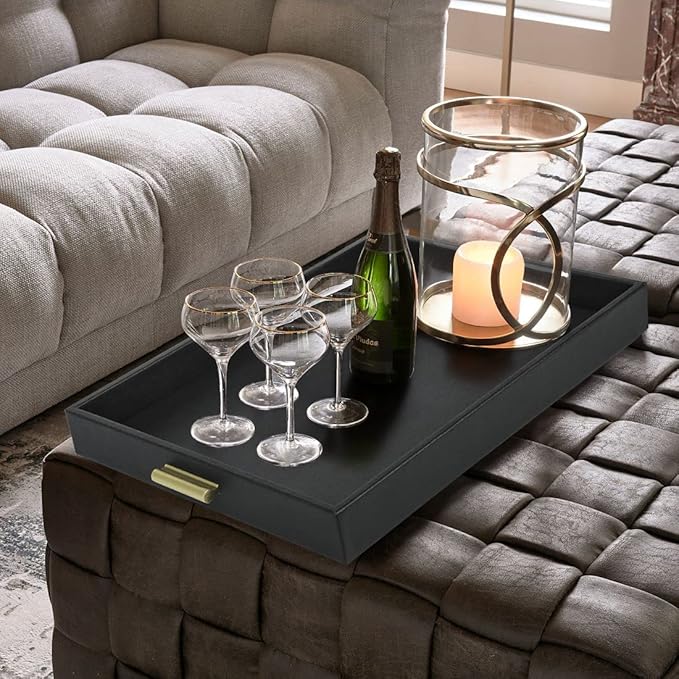 HofferRuffer Extra Large Serving Tray with Handles, Elegant Faux Leather Storage Decorative Tray for Coffee Table, Ottoman, Console Table, 20 x 16 x 2.2 inches (Black Tray+Golden Handle)