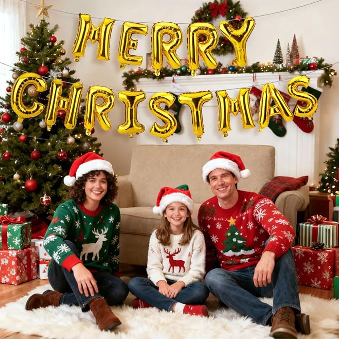 16 Inch Merry Christmas Balloons 14 PCS Gold Balloons Banner Xmas Letter Aluminum Mylar Foil Balloon Kit Decorations Backdrop for Holiday Hanging Decor Party Favors Supplies Theme Indoor Outdoor