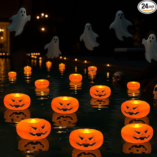 2.3” x24PK Orange Floating Candles-Halloween Flameless Water - Activated Candles, 180+ Hours Long - Lasting- Fall Decorations- Pool Decor-Thanksgiving Decorations