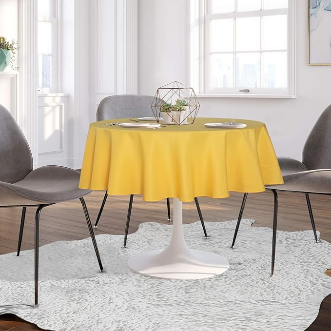 sancua Round Tablecloth - 60 Inch - Water Resistant Spill Proof Washable Polyester Table Cloth Decorative Fabric Table Cover for Dining Tables, Buffet Parties and Camping, Yellow