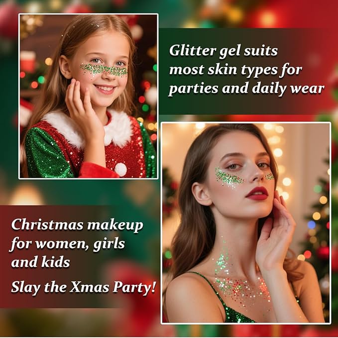 Mysense Red Silver and Green Body Glitter Stick, Christmas Makeup Face Hair Glitter for Kids Women, Stocking Stuffers Gift Decorations, Sparkling Chunky Glitter Makeup, 0.56oz