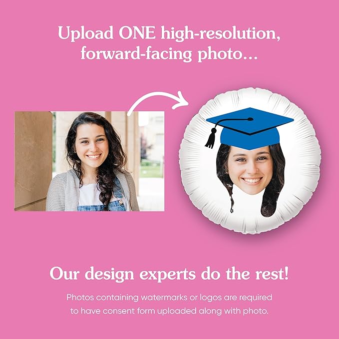 Big Dot of Happiness Personalized Blue Grad Cap Fun Face Photo Balloon, Elementary High School College Custom Graduation Party Decorations, Double-Sided Round Circle Mylar, 1 Piece