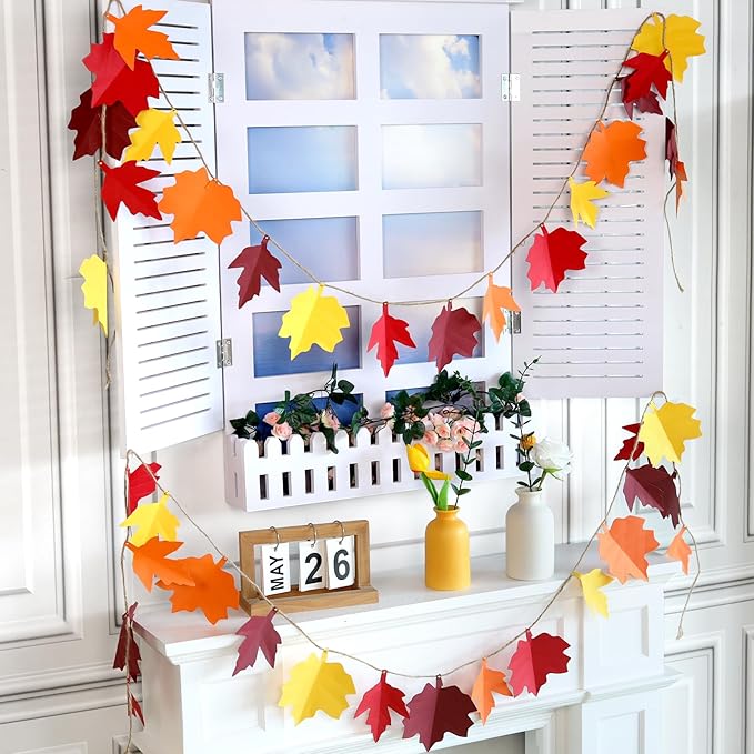 Fall Maple Leaves Garland Fall Decorations for Home Autumn Leaves HangingMaple Leaf Banner Orange Yellow Leaf Decor for Fall Harvest Thanksgiving Party Home Fireplace Wall Decor-2Pcs