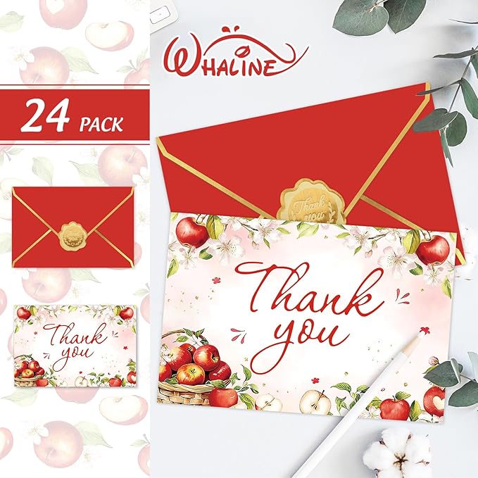 Whaline 24 Pack Apples Floral Thank You Card Greeting Cards with Envelopes Stickers Apples Flower Blank Note Cards for Birthday Baby Shower Party Supplies