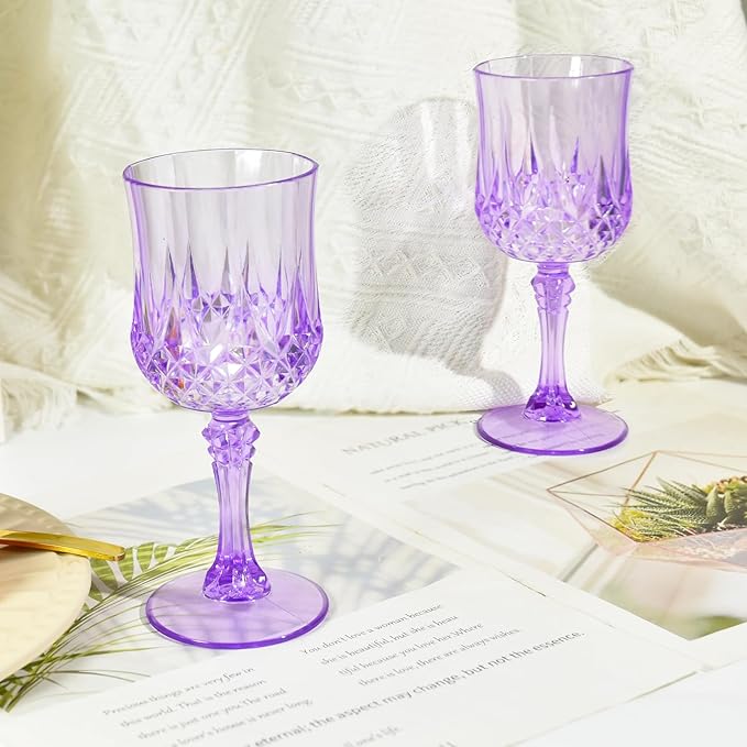 12 Pcs Plastic Purple Wine Drinking Glasses, Plastic Water Goblets Purple Vintage Reusable Drinkware Vintage Champagne glassware for Wedding Reception Grand Event Party, 7oz