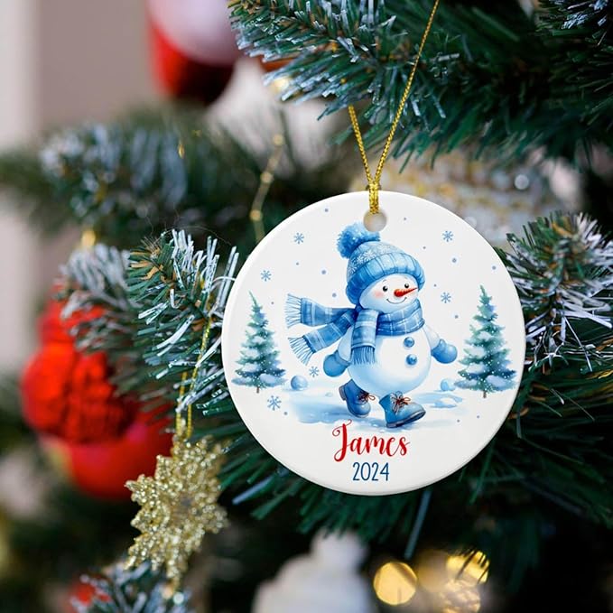 Personalized Snowman Ornament for Christmas Tree - Blue Ceramic Xmas Gift for Dad Mom Kids, Customized Merry Christmas Ornament With Custom Name & Year - Xmas 2025