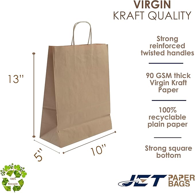 JET PAPER BAGS - 10”x5”x13” Inch [50 Pcs] Brown Paper Bags with Handles Prime for Takeout, Grocery, Goody, Retail, Party, Gifts, Weddings - Recyclable Kraft Paper Gift Bags with Handles