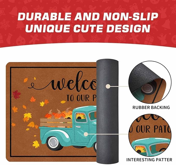 InterestPrint Thanksgiving Doormat Fall Truck Door Mat, Vintage Fall Truck Decor for Covered Outdoor Area Pumpkin Welcome Mat for Autumn Halloween Thanksgiving Farmhouse Decor, 24"x16"inch