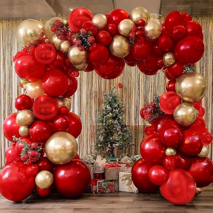 Red and Gold Balloon Garland Double Stuffed Ruby Red Gold Balloons Arch Kit With Mylar Balloon for Christmas New Year Baby Shower Valentine Anniversary Birthday Party Decoration
