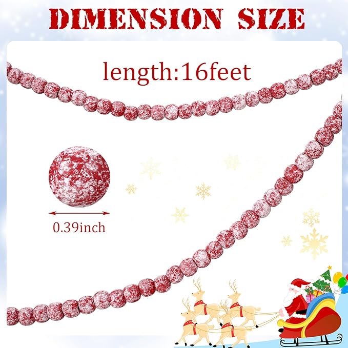16 Feet Christmas Wood Bead Garland Wooden Bead Garland for Christmas Tree Holiday Decoration (Red, White)