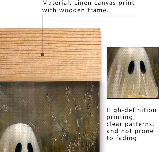 Rustic Ghost is Reading a Book Wall Art 18.5x14 Inch,Fun Ghost Linen Canvas Wall Hanging Poster Decor, Retro Gothic Haunted House Theme Wall Poster for Library Reading Corner,Halloween Decorations (BLK07)