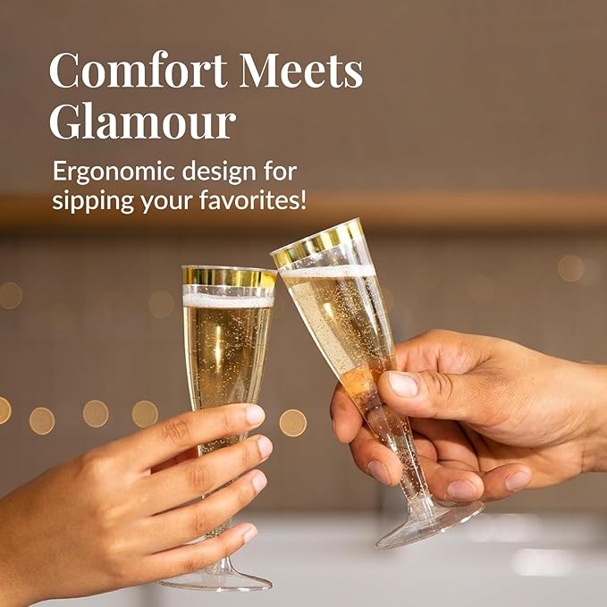 Prestee 48 Disposable Plastic Champagne Flutes with Gold Rim Glitter - Clear Toasting Glasses for Mimosa, New Year’s Eve Party, and Elegant Celebrations - Premium Quality Disposable Stemware