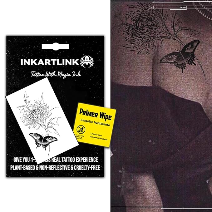INKARTLINK Women's Semi-Permanent Floral Temporary Tattoos - Adult Art Design, Cruelty-Free, Waterproof, Non-Reflective (Butterfly And Flower)