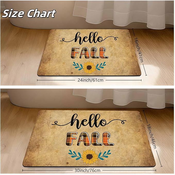 Hello Fall Doormat Thanksgiving Welcome Mat for Front Door Autumn Doormat Floor Mats Indoor Outdoor Home Living Room Kitchen Thanksgiving Decoration, 30"x18"inch