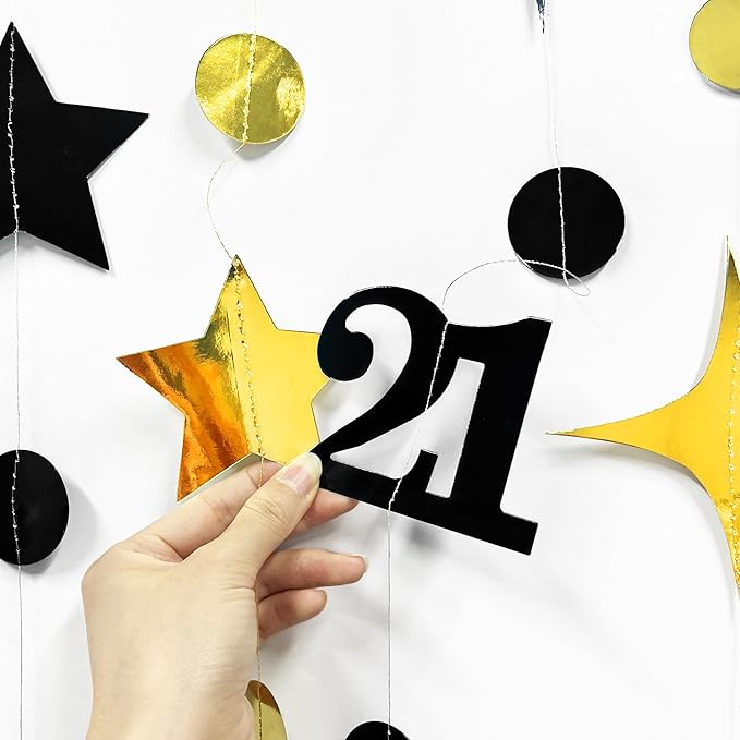 Black Gold 21st Birthday Decorations Number 21 Circle Dot Twinkle Star Garland Hanging Streamer Banner Backdrop for Girls Boys Cheers to 21 Years Finally Legal Bday 21st Anniversary Party Supplies