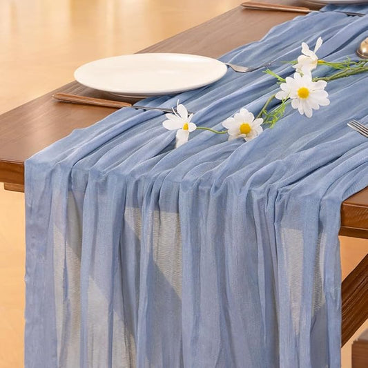 Socomi 6pcs Dusty Blue Fall Thanksgiving Cheesecloth Table Runner Boho Rustic Gauze 120 inch 10FT Cheese Cloth Runner for Wedding Party Baby Shower Birthday Home Decor Holiday Decorations