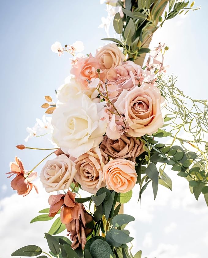 Roses Artificial Flowers Bouquet Combo Box Set Fake Flower Bulk for DIY Bridal Baby Shower Decorations Wedding Centerpieces for Table Silk Floral Arrangements Party Home Decor Indoor Peach