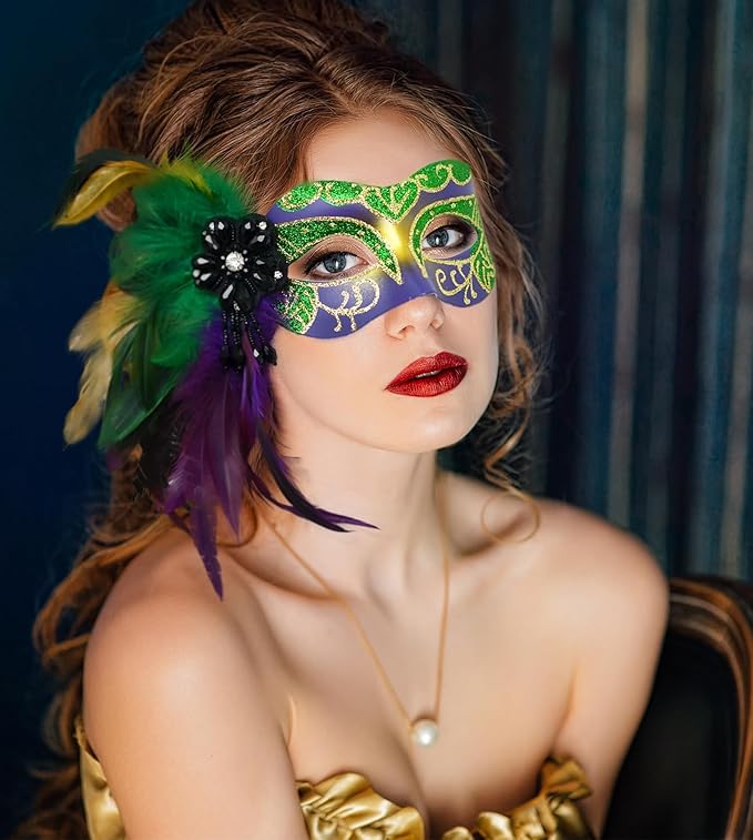 2025 New Mardi Gras Masks for Women with Feathers - Womens Mascarade Venetian Mask for Masquerade Party, Mardi Gras, Halloween Cosplay Prom, Christmas