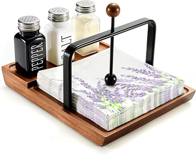 Wooden Napkin Holder – Multifunctional Napkin Holder for Table & Kitchen, Includes Space for Condiments – Perfect for Home, Kitchen, and Holiday Gatherings