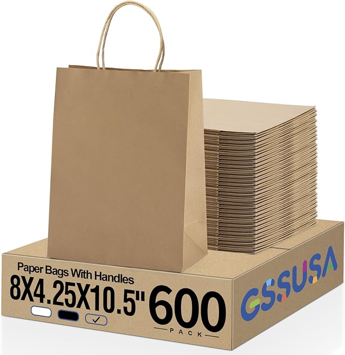GSSUSA 600 Pack 8x4.25x10'' Paper Bags with Handles Bulk, Brown Paper Gift Bags for Small Business