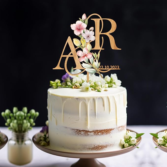 Customized Spring Wedding Cake Topper in Wood Personalized Bride & Groom's Initials and Wedding Date Cake Decoration with Spring Flowers