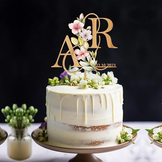 Customized Spring Wedding Cake Topper in Wood Personalized Bride & Groom's Initials and Wedding Date Cake Decoration with Spring Flowers