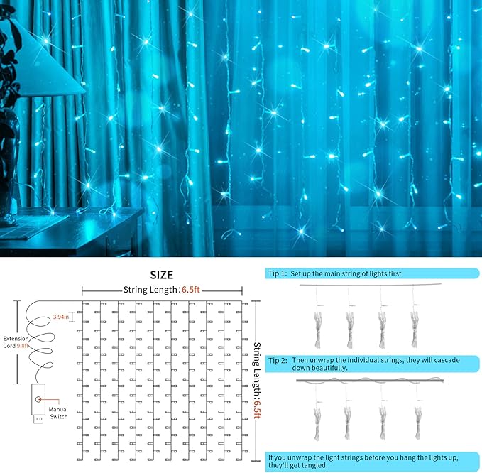 suddus Curtain Lights for Bedroom, 200 Led 6.5ft x 6.5ft Hanging String Lights Outdoor, Fairy Curtain Lights for Backdrop, Window, Wall, Wedding, Party, Garden, Porch, Birthday Decor Aqua